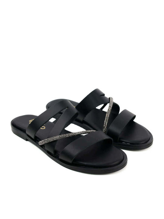 Black Slippers Wide Straps Rhinestone Strip