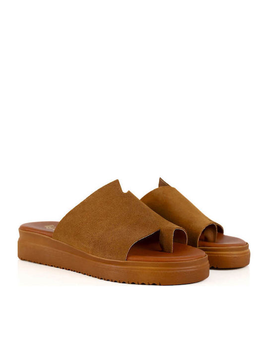 Tabac Brown Leather Flatform Sandals Suede Texture