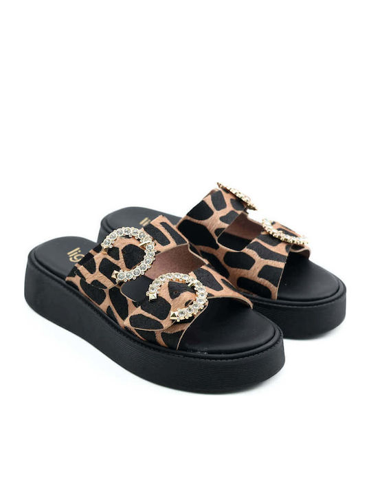 Beige Print Flatforms Double Adjustable Straps Rhinestones
