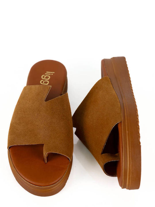 Tabac Brown Leather Flatform Sandals Suede Texture
