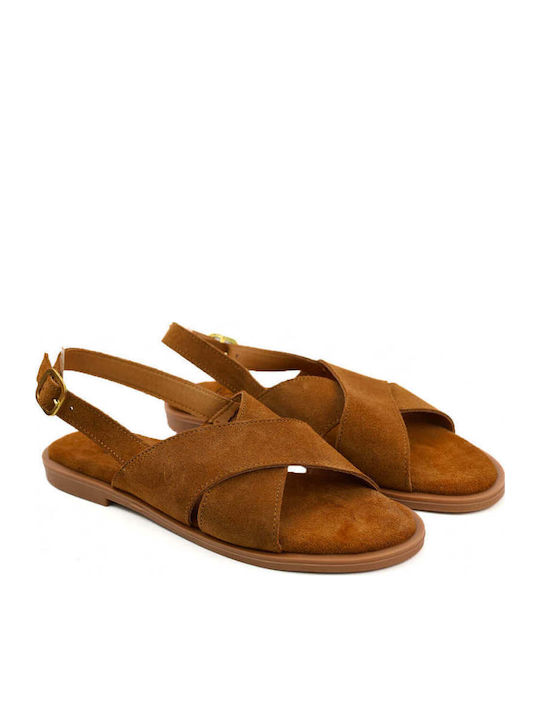 Tabac Brown Leather Suede Sandals Crossover Straps