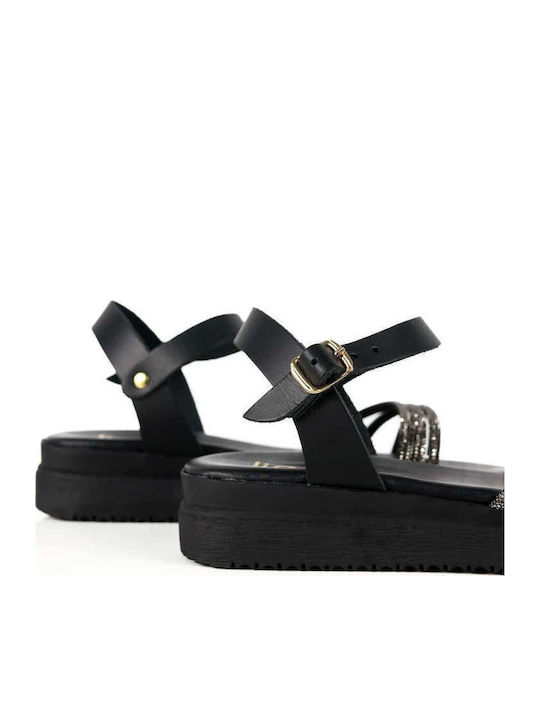 Μαύρα Δερμάτινα Flatforms Λεπτά Λουριά Στρας