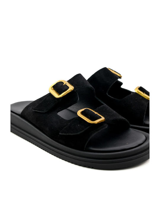 Schwarze Flatforms mit Doppelriemen und Metallösen