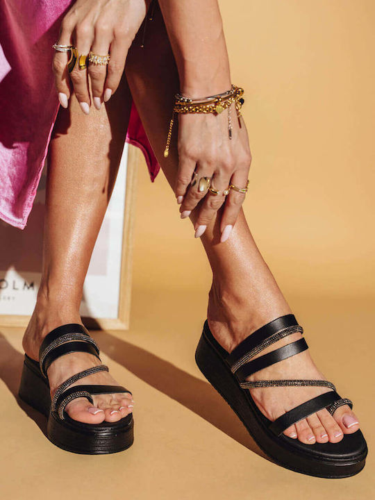 Черни Кожени Flatforms Тънки Метализирани Презрамки