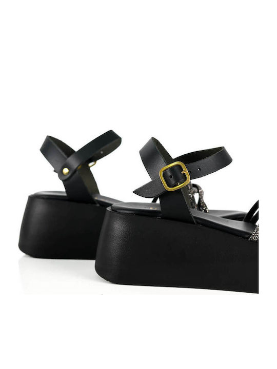 Μαύρα Flatforms Λεπτά Λουριά Strass