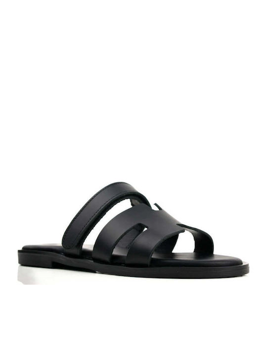 Black Leather Slippers With Adhesive Closure