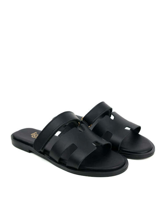 Black Leather Slippers With Adhesive Closure