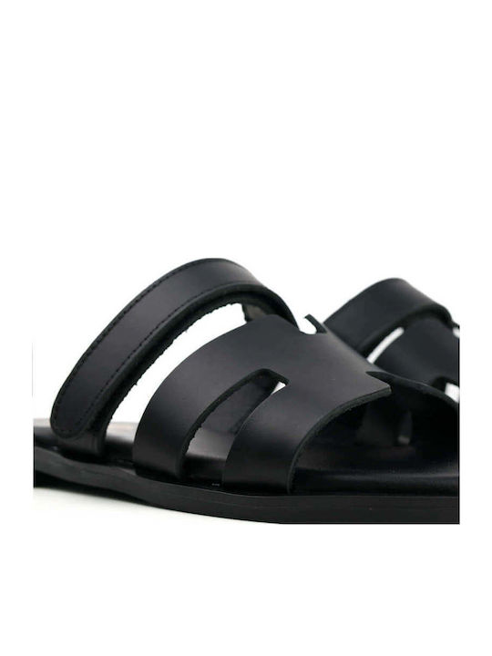 Black Leather Slippers With Adhesive Closure