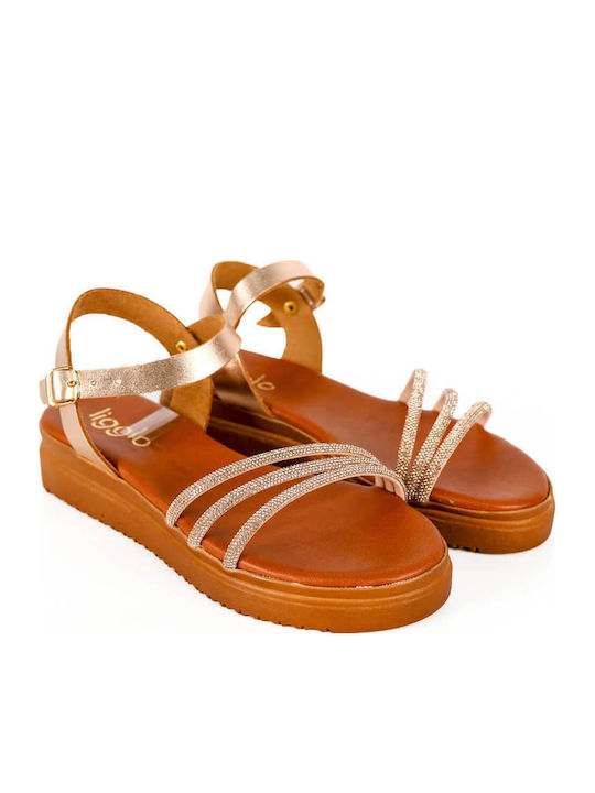 Flatforme Din Piele Bronz Cu Bretele Subțiri Ștrasuri