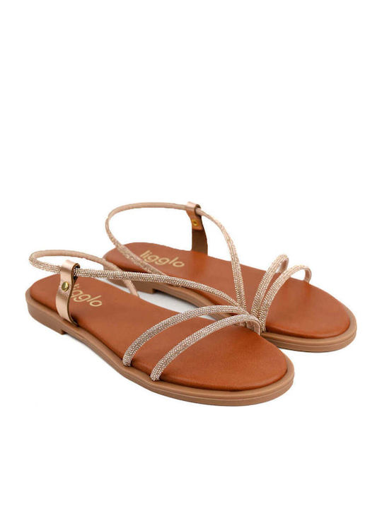 Bronze Leather Sandals With Rhinestones Without Buckle