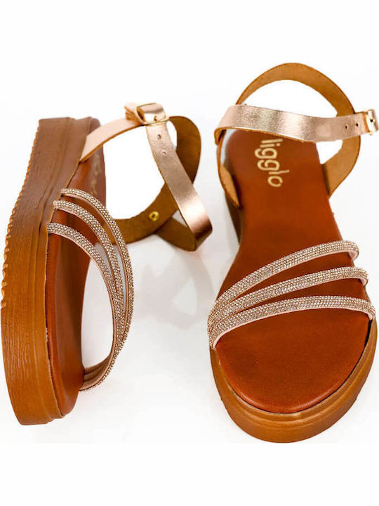 Flatforme Din Piele Bronz Cu Bretele Subțiri Ștrasuri