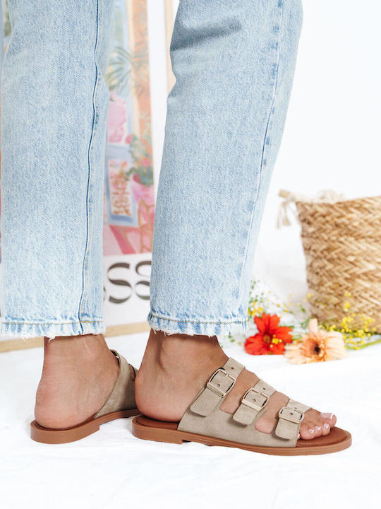 Beige Leather Suede Slippers Buckles