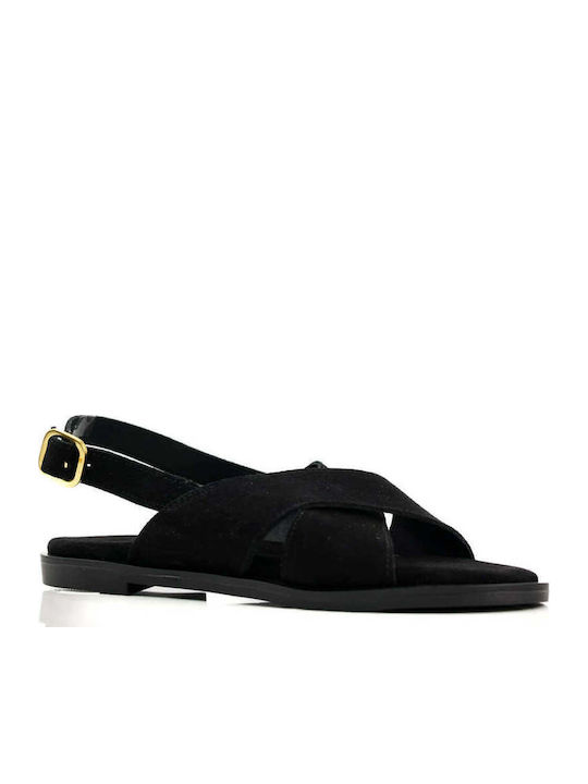 Schwarze Leder Crossover Flatforms Damen Sandalen