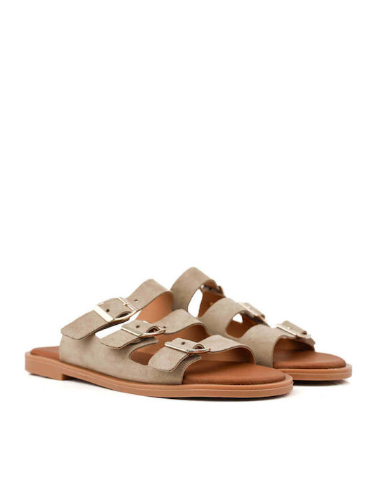 Beige Leather Suede Slippers Buckles