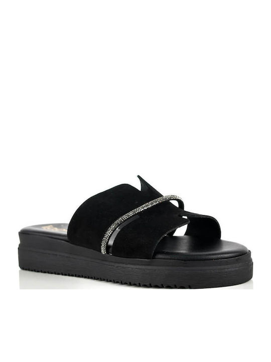Schwarze Flatform Damen Sandalen mit Strass-Detail