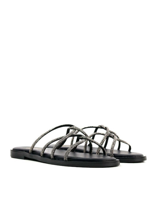 Black Glitter Mesh Slippers Thin Straps