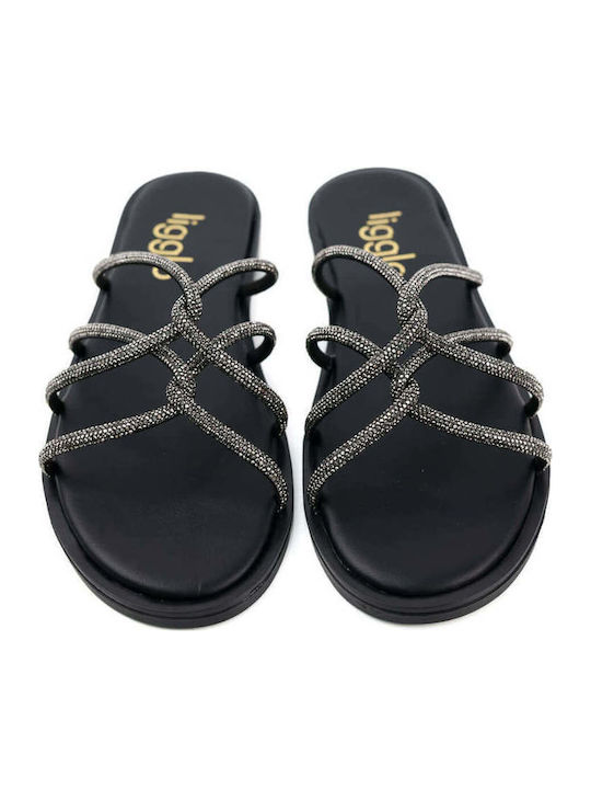 Black Glitter Mesh Slippers Thin Straps