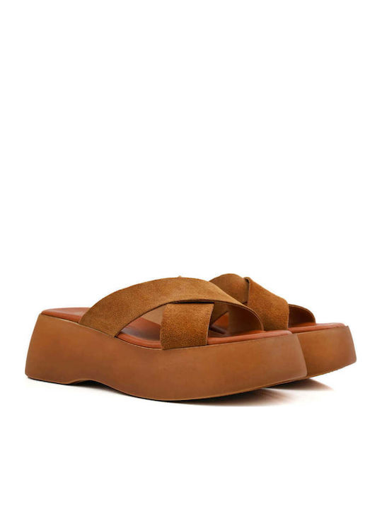 Tabac Brown Leather Flatform Sandals Crossover Straps