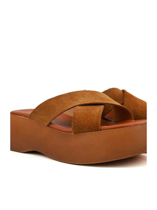 Tabac Brown Leather Flatform Sandals Crossover Straps