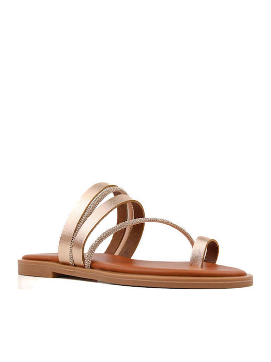 Ligglo Μπρονζέ Flache Sandalen für Damen Δέρμα Στρας