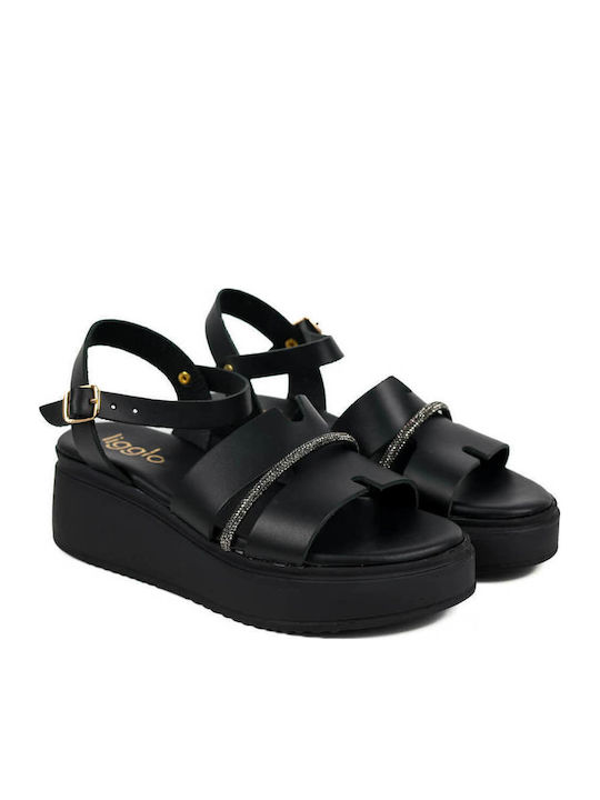 Μαύρα Flatforms Σταυρωτά Λουριά Στρας Λεπτομέρεια