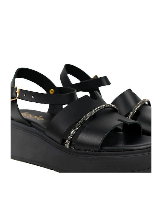Μαύρα Flatforms Σταυρωτά Λουριά Στρας Λεπτομέρεια