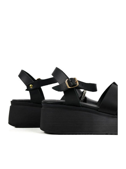 Μαύρα Flatforms Σταυρωτά Λουριά Στρας Λεπτομέρεια