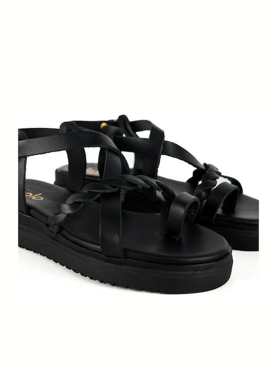 Black Leather Flatforms Woven Front Strap