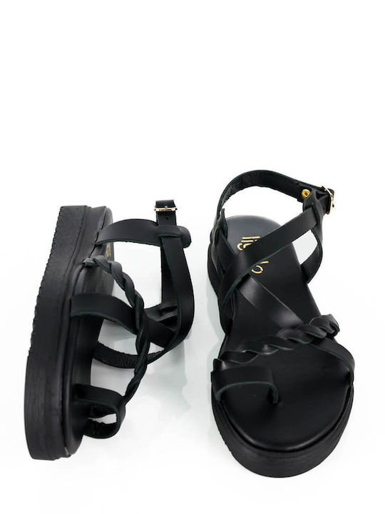 Black Leather Flatforms Woven Front Strap