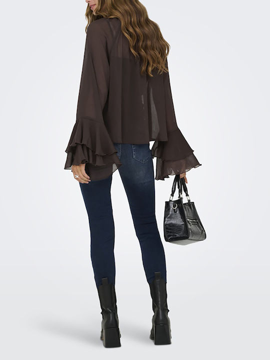 Women's Blouse Long Sleeve with Halter Neck Coffee Bean Brown