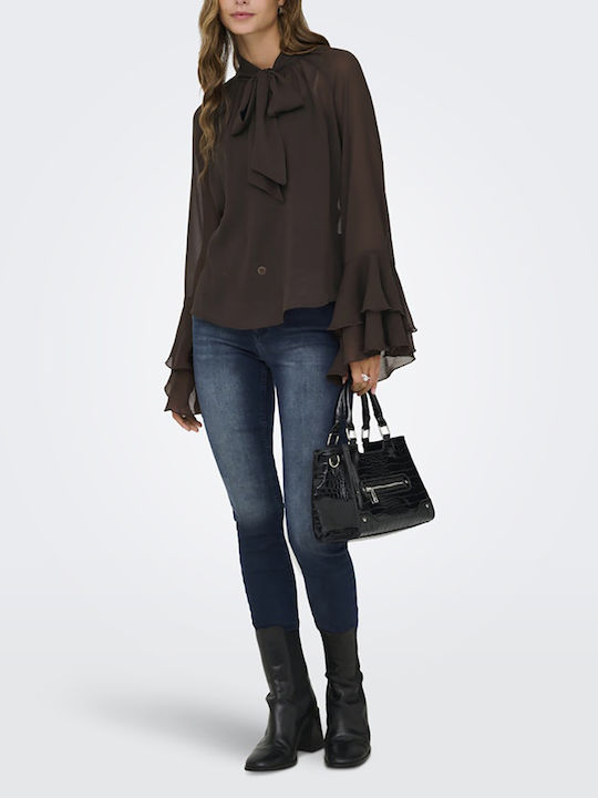 Women's Blouse Long Sleeve with Halter Neck Coffee Bean Brown