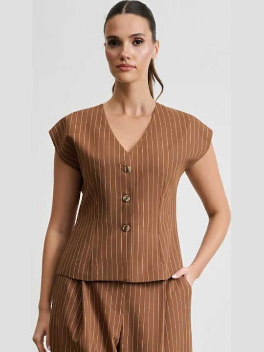 Femei Brown Set cu Talie înaltă Pantaloni cu Croială Dreaptă Cu dungi