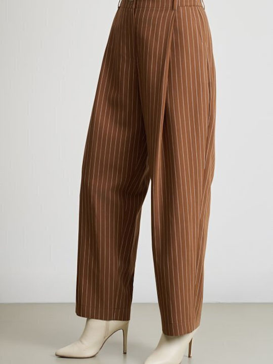 Femei Brown Set cu Talie înaltă Pantaloni cu Croială Dreaptă Cu dungi
