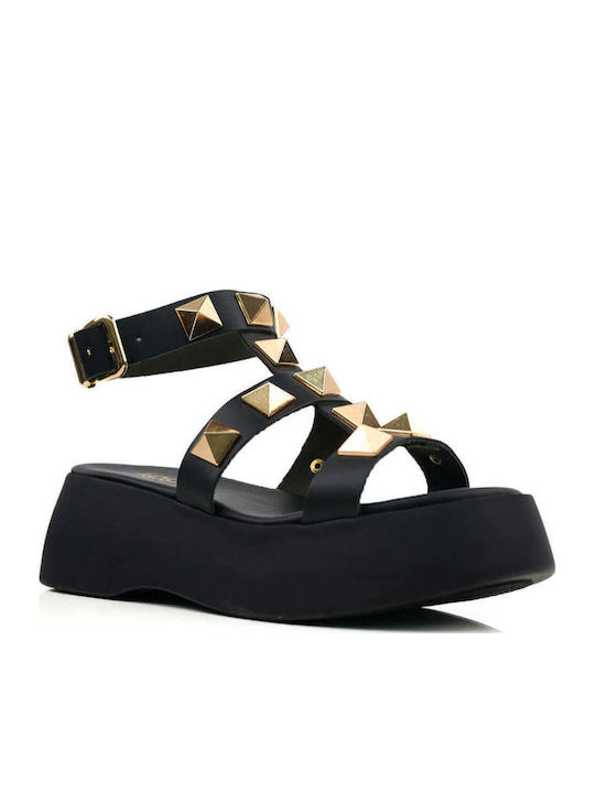 Platforme Dama Negre Flatforms Cu Elemente Metalice Aurii