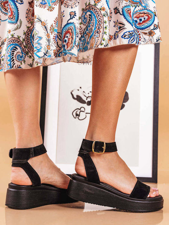 Μαύρα Δερμάτινα Flatforms Φαρδύ Λουρί Αγκράφα