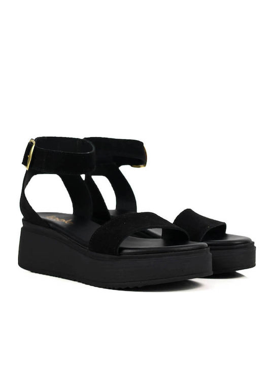 Μαύρα Δερμάτινα Flatforms Φαρδύ Λουρί Αγκράφα