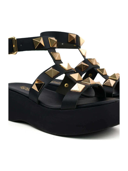 Platforme Dama Negre Flatforms Cu Elemente Metalice Aurii