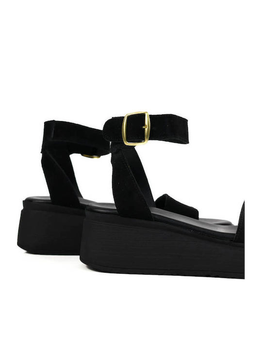 Μαύρα Δερμάτινα Flatforms Φαρδύ Λουρί Αγκράφα