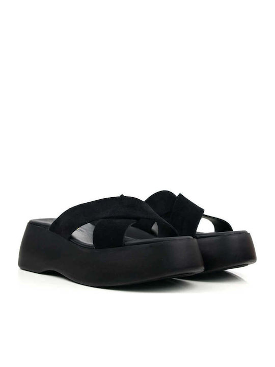 Черни Кожени Flatform Чехли С Кръстосани Каишки