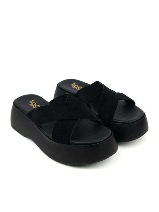 Черни Кожени Flatform Чехли С Кръстосани Каишки