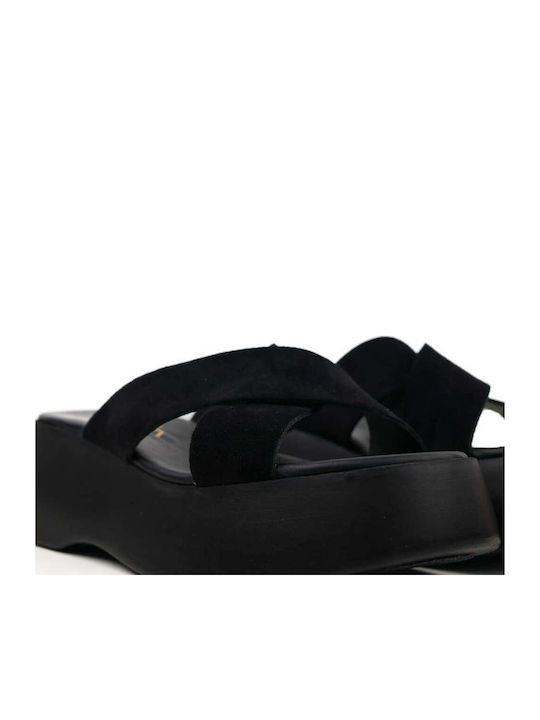 Черни Кожени Flatform Чехли С Кръстосани Каишки