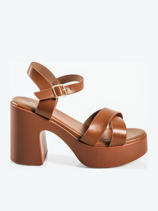 Sandale Elegante Damă Tabac Maro Cu Barete Încrucișate Toc Gros