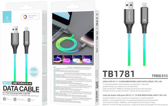 Techancy USB-A to Lightning Cable Πολύχρωμο 1m