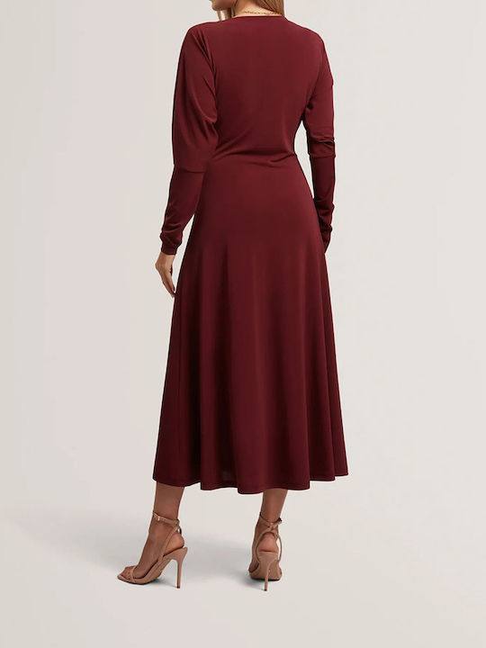 Midi Dress Long Sleeve Knitted Wrap Burgundy
