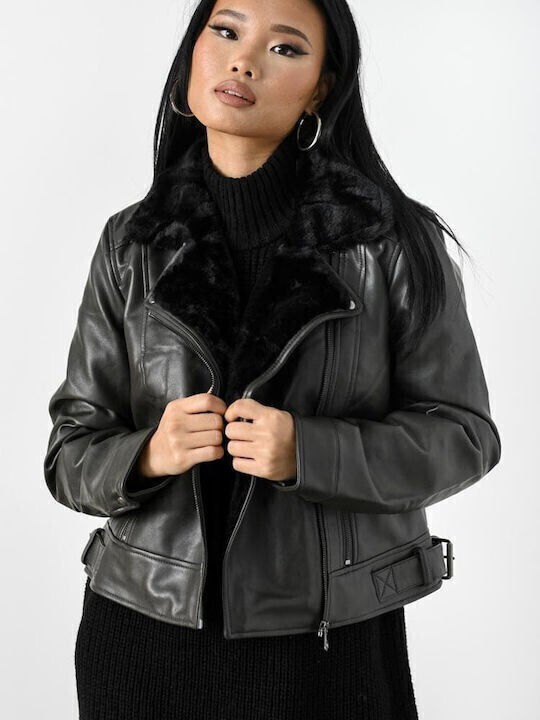 Γυναικείο Biker Jacket με Επένδυση Γούνας Total Black