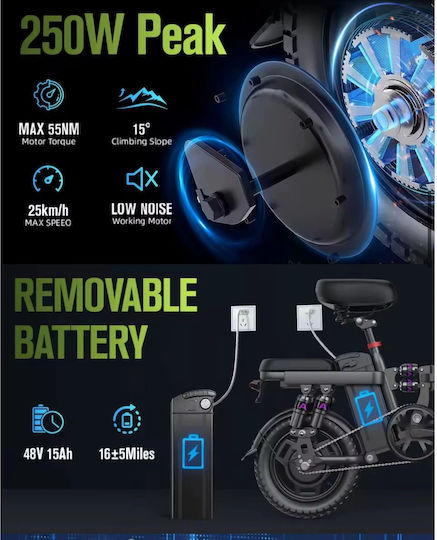 GS5 Mini 14" Black Foldable Electric City Bicycle