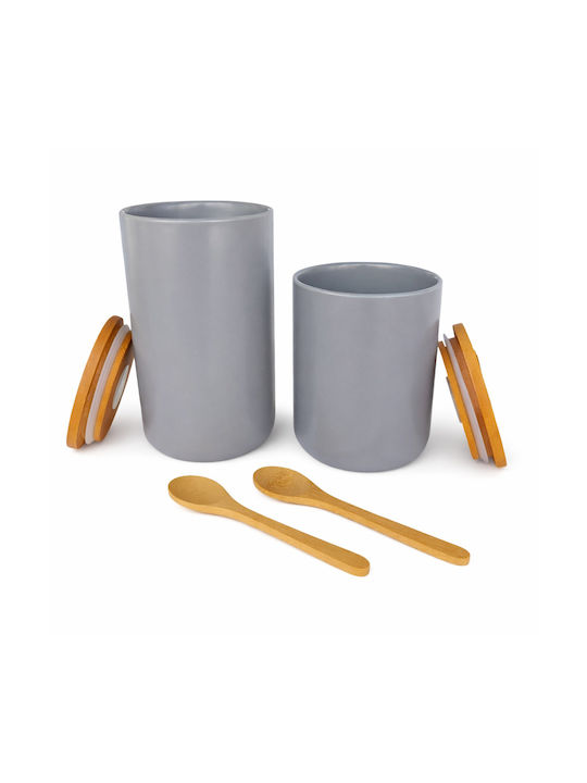 Set 2 Pieces Coffee / Sugar Jars with Lid & Stand Made of Brown Porcelain