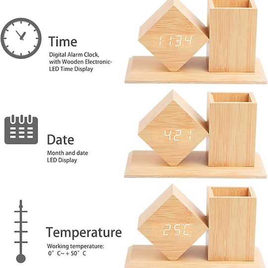 Uncle George Tabletop Digital LED Clock Wooden With Alarm Clock Beige 01.06.04-0010-MPEZ
