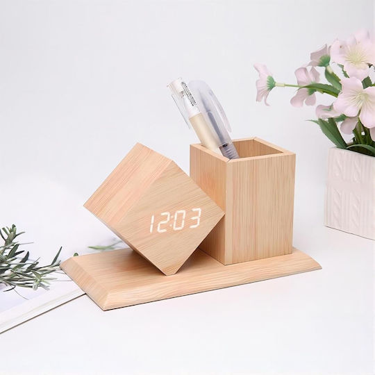 Uncle George Tabletop Digital LED Clock Wooden With Alarm Clock Beige 01.06.04-0010-MPEZ