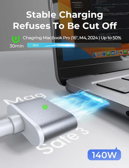 Lisen Magnetic Braided USB 2.0 Cable USB-C Male - Magsafe 3 140W PD Gray 2m 903008